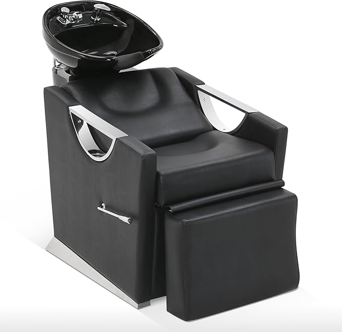 BarberPub Ceramic Bowl Shampoo Chair Extended Ceramic Shampoo Bowl Sink Chair Station for Spa Beauty Salon Professional Hair Salon Equipment 9073 (Black)