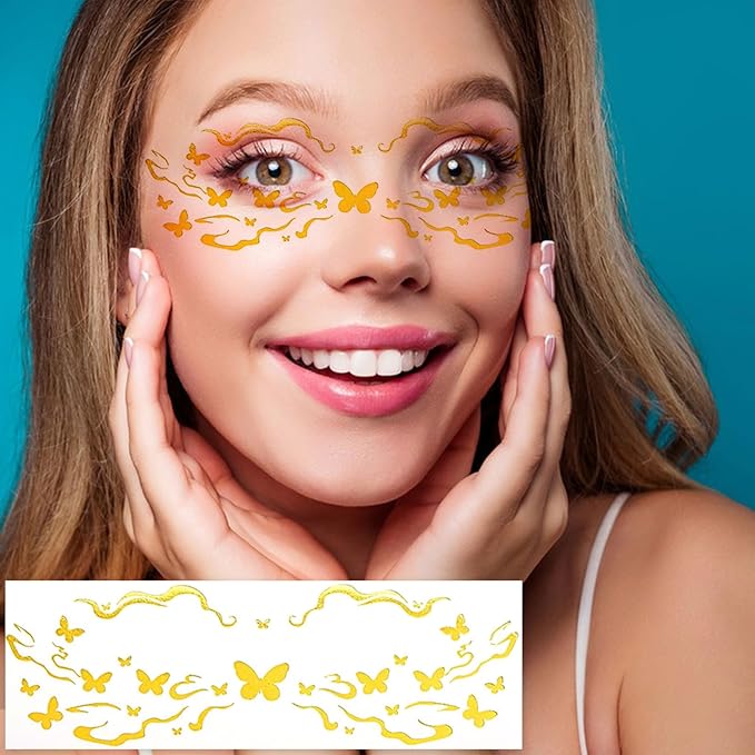 Gold Freckle Tattoo for Halloween - Glitter Temporary Face & Body Tattoos Set (8 Sheets) - Butterfly, Heart & Floral Fake Freckles for Women, Girls, Festival, Party, Costume Accessories