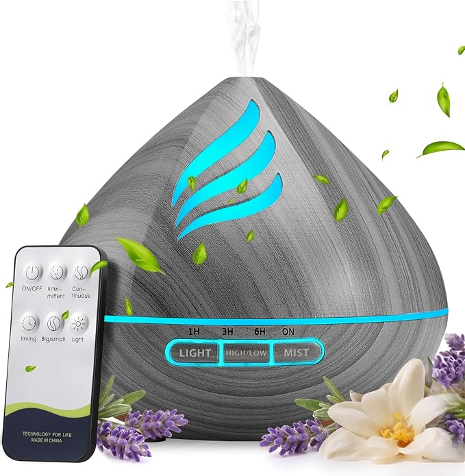 Essential Oil Scent Diffuser: 500ML Aroma Diffuser for Home Bedroom - 14 Colors LED, Remote Control, Ultra-Quiet Cool Mist Scent Diffuser with Timer for Family - Grey