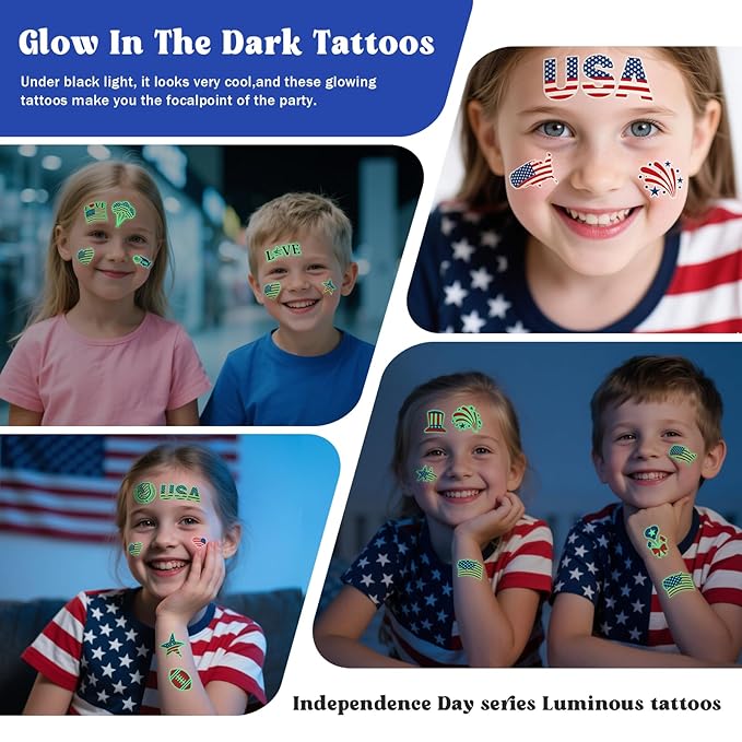 80PCS Luminous 4th of July Temporary Tattoos, American Flag Red White and Blue Decor, Fourth of July, USA Party Favors, Memorial Day, Independence Day,Labor Day Decorations Glow Party Supplies