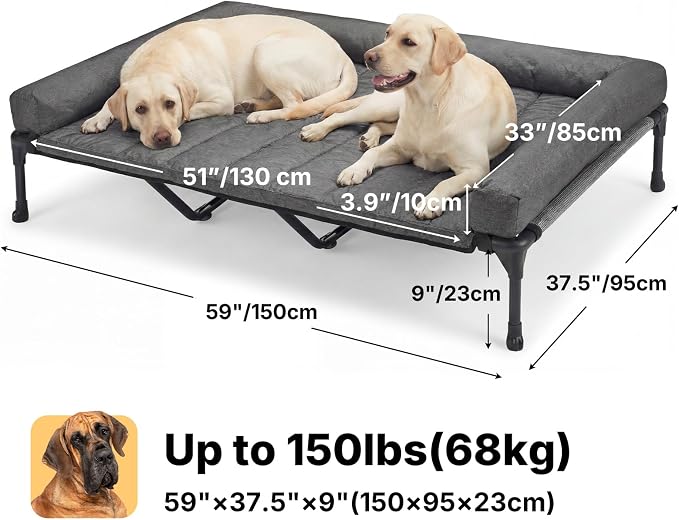 Veehoo Outdoor Elevated Dog Bed with Waterproof Bolster Cushion, Cooling | Raised Dog Bed with Removable & Washable Mat Topper, Breathable Mesh, Dog Couch Cot for Indoor Outdoor, 59", Large, Melange
