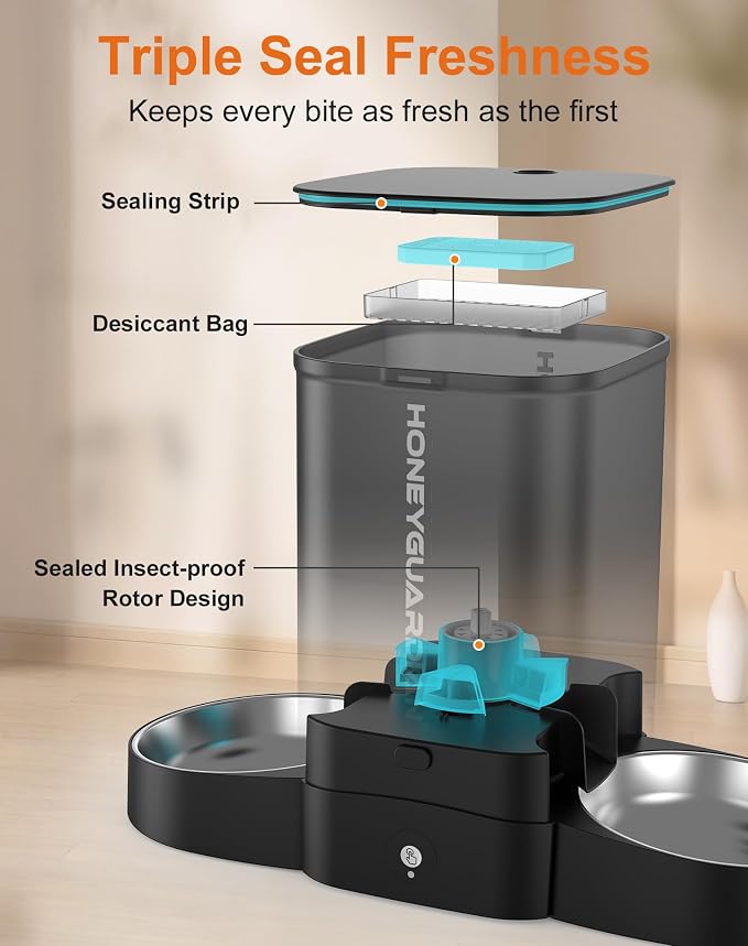 HoneyGuaridan Automatic Cat Feeder for 2 Cats, 2.4/5G WiFi Smart Feed Pet Feeder with Stainless Steel Bowl,APP Control Dispenser, Dual Power Supply,Desiccant Bag,10s Meal Call Black | Pet Feeder with Stainless Steel Bowl,Automatic Cat Food Dispenser,Mu...