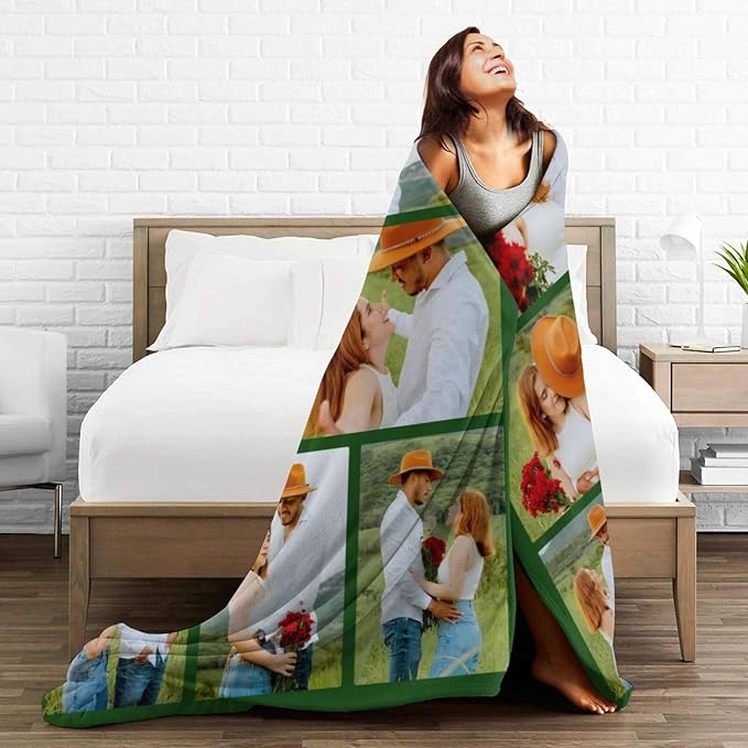 Custom Blanket with Picture Text, Personalized 6 Photo Blanket, HD Printing Customized Flannel Throw Blanket Gifts for Mom Dad Couple Girlfriend Boyfriend Wife Husband Christmas
