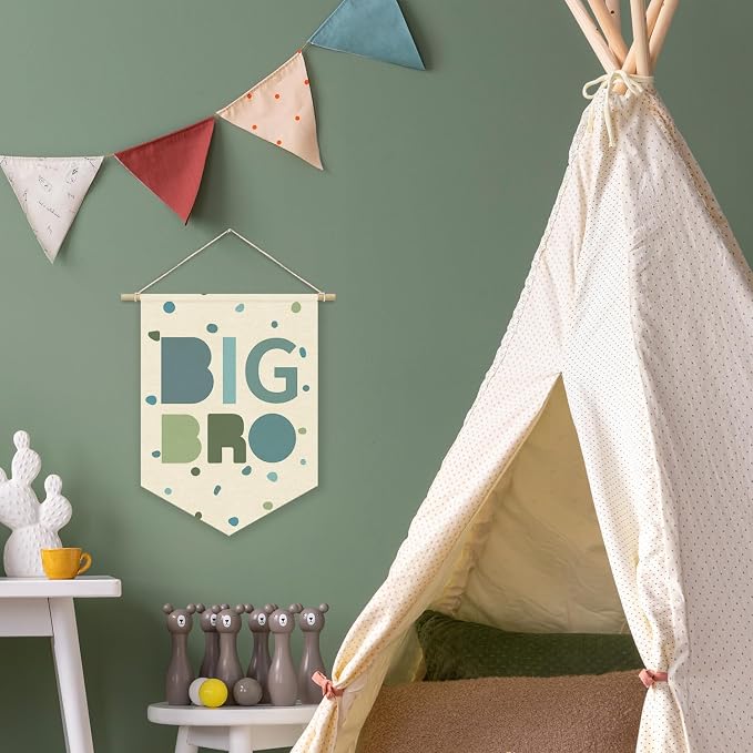 Big Brother Nursery Decor Canvas Banner,Boy Bedroom Playroom Wall Art Decorations,Boho Twin Room Sign,Big Bro Lil Bro, Sage Green Blue Kids Room Sibling Wall Hanging Pennant Flag Banner