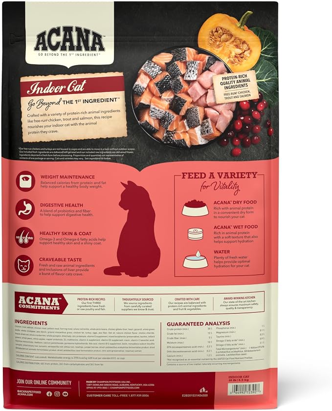 ACANA Highest Protein Dry Cat Food Indoor Cat Food Recipe 10lb Bag | Grain Free, High Protein, Made in the USA, Includes Probiotics, Omega-3 Fatty Acids, Skin & Coat, Digestive Health