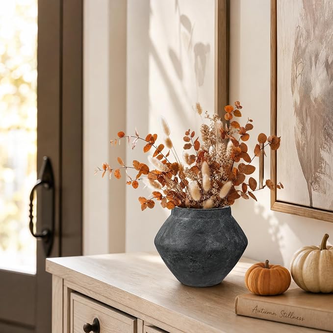 Briful Rustic Ceramic Vase 6'' Decorative Charcoal Farmhouse Table Vase | Weathered Dark Clay Vintage Urn Pottery for Shelf Decor, Entryway Console, Coffee Table Centerpiece, Faux Floral, Modern Room
