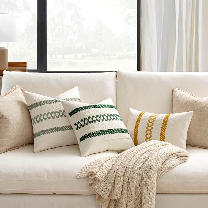 MIULEE Set of 2 Sage Green Boho Decorative Lumbar Pillow Covers 12x20 Inch | Farmhouse Couch Throw Pillows, Modern Cotton Cushion Covers, Macrame Woven Spring Home Decor for Bed Sofa Chair