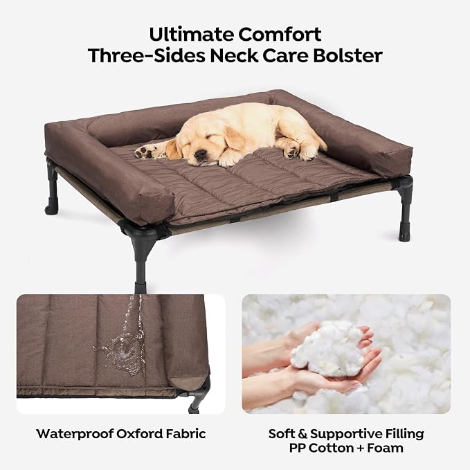 Veehoo Outdoor Elevated Dog Bed with Waterproof Bolster Cushion, Cooling | Raised Dog Bed with Removable & Washable Mat Topper, Breathable Mesh, Dog Couch Cot for Indoor Outdoor, 32", Medium, Brown