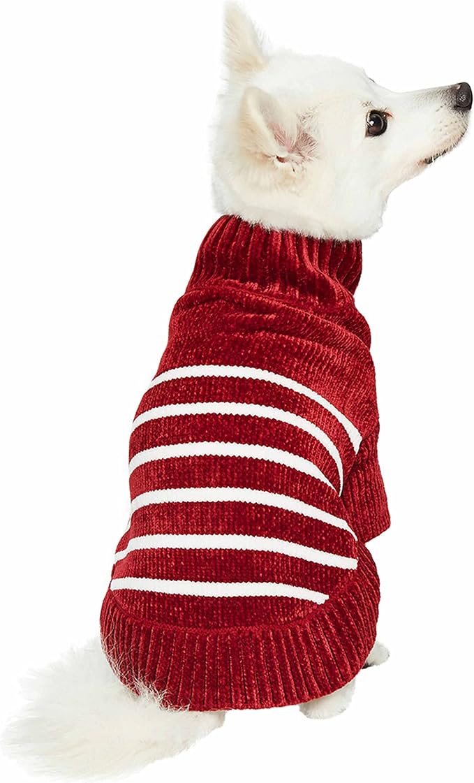 Blueberry Pet Cozy Soft Chenille Classy Striped Dog Sweater in Burgundy Red, Back Length 16", Pack of 1 Clothes for Dogs