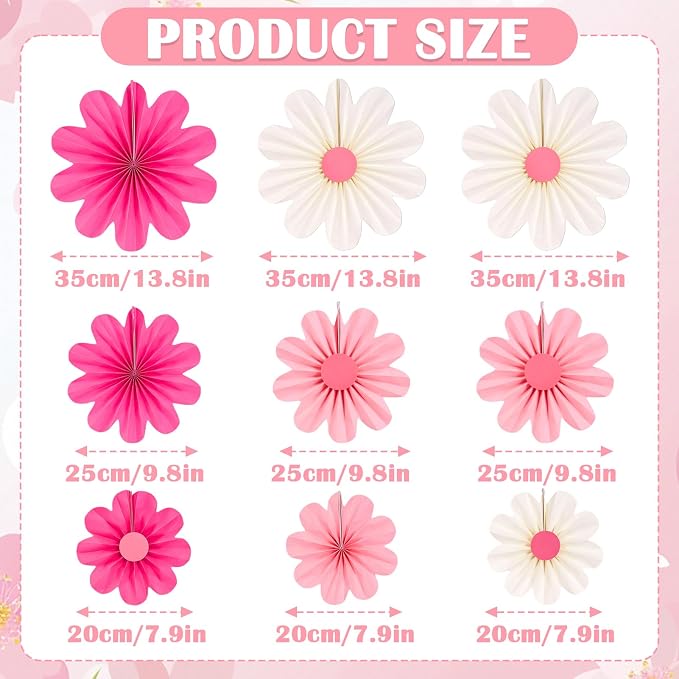 SUNBEAUTY Paper Flowers Decorations Pink Daisy Paper Flowers Decorations for Wall Hanging Paper Fans Decoration Floral Backdrop Decor for Birthday Wedding Baby Shower Classroom Decoration Set of 9