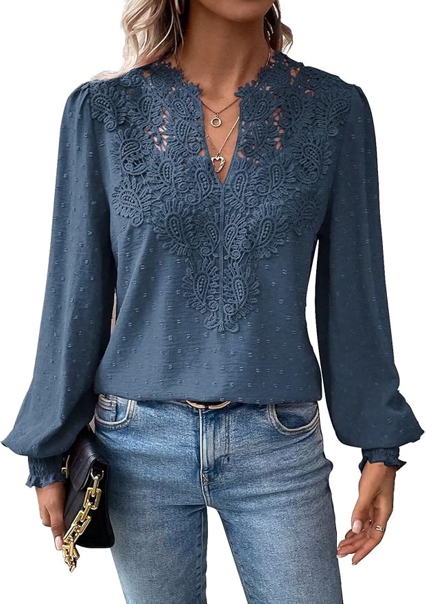 Womens Tops Swiss Dot Boho Long Sleeve Shirts V Neck Casual Chiffon Blouses Flowy Lace Hem Cute Clothing Trendy 2026