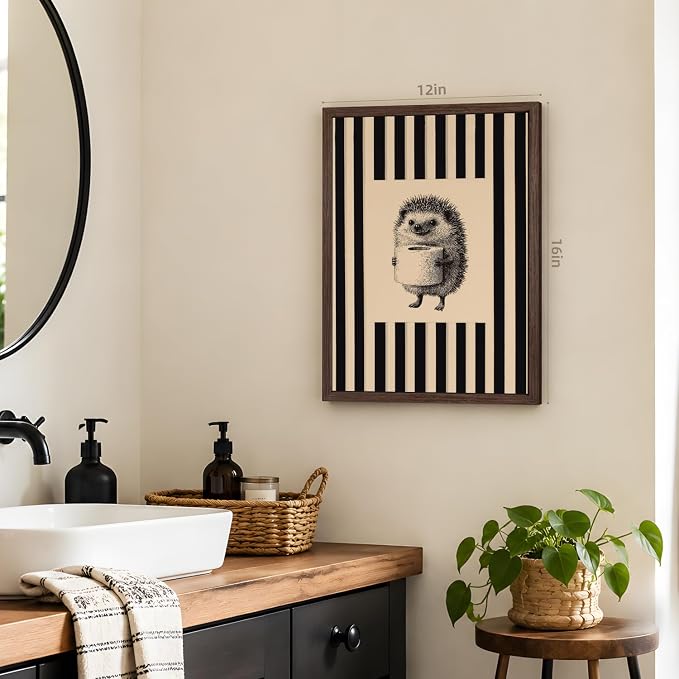 VziizV Funny Hedgehog Bathroom Wall Art, Cute Hedgehog Holding Toilet Paper Decor, Beige and Black Stripe Restroom Poster Print, Whimsical Farmhouse Animal Artwork for Powder Wood Framed 16x24 Inch