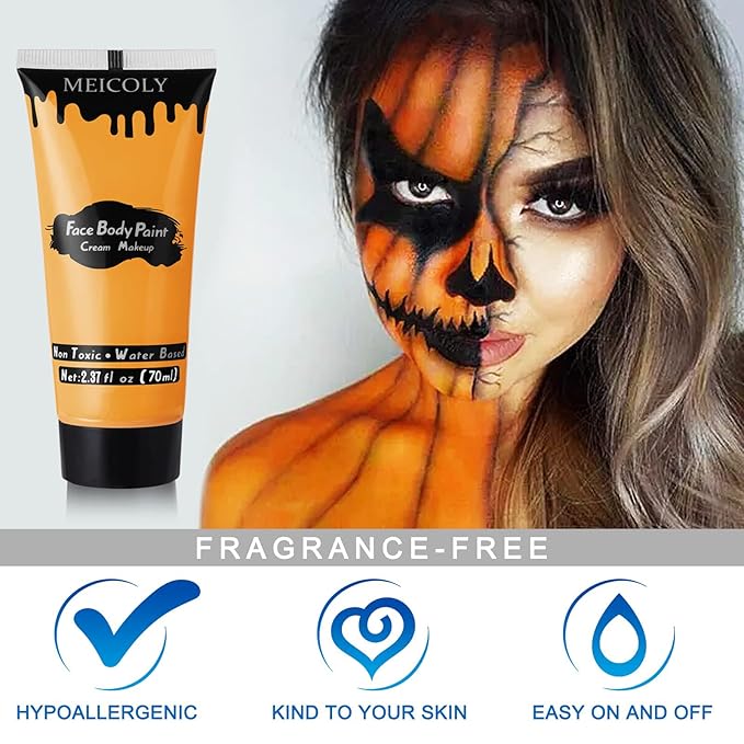 MEICOLY Orange Face Body Paint for Halloween SFX Special Effects Pumpkin Tiger Makeup,2.37Oz Large Tube Water Based Washable Face Paint,Non-Toxic Body Paint for Adults and Children