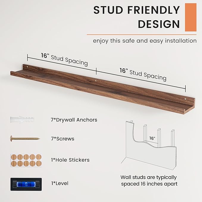 Picture Ledge Shelf, Floating Shelves for Wall, 48" W Set of 2, Walnut | FSC Certified Engineered Wood, Wall Mounted Bookshelf, for Nursery Living Room Bedroom, Pre-Drilled, Easy Install