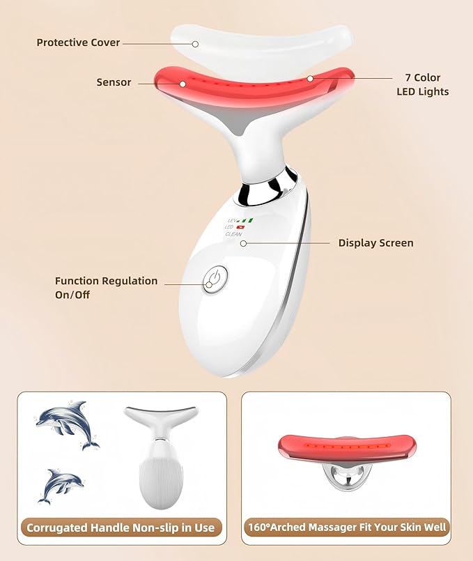 ELISHINE 7 Color Face and Neck Massager Light Therapy, Red Light Based Facial Massager for Skin Care, Smoothing, Firming (White)
