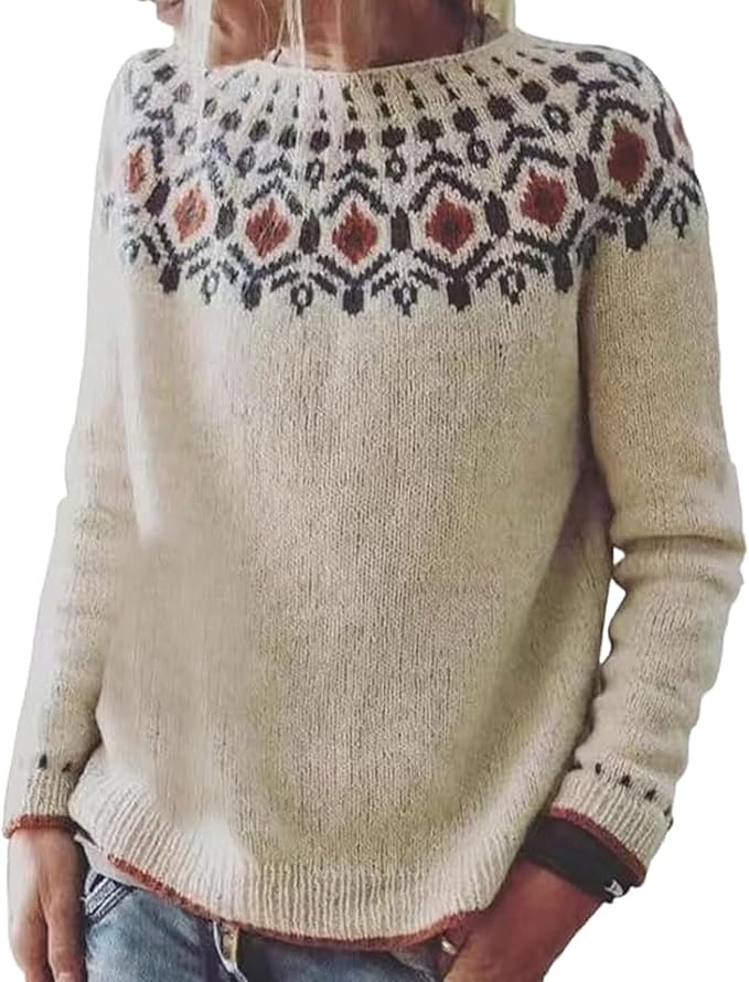 Zhyaj Fair Isle Sweater for Womens Winter Long Sleeve Vintage Knitted Sweater Casual Fall Crew Neck Pullover Sweaters