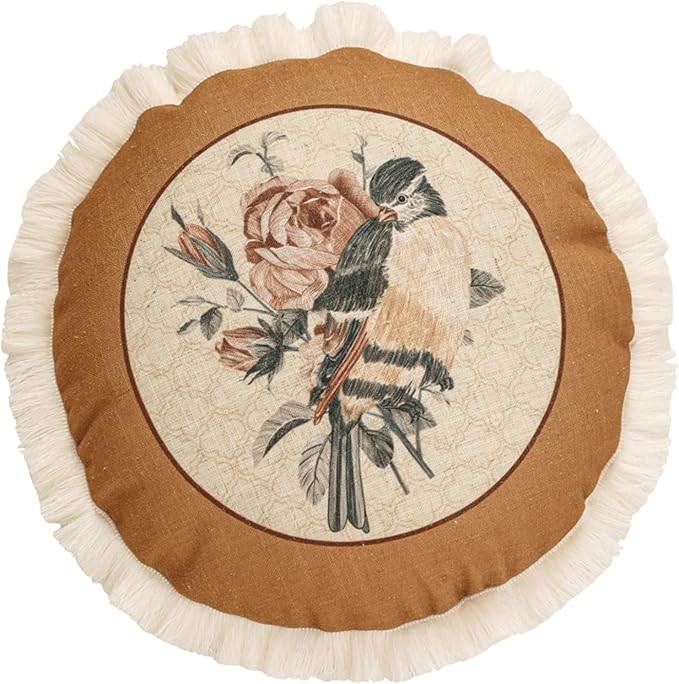 patdrea French Vintage Linen Pillow Cover,Diameter 16"-ParkerEstate D | Decorative Pillow Case with Zipper,Bird and Floral Pattern,Cushion Coverfor Couch Living Room Bedroom Sofa