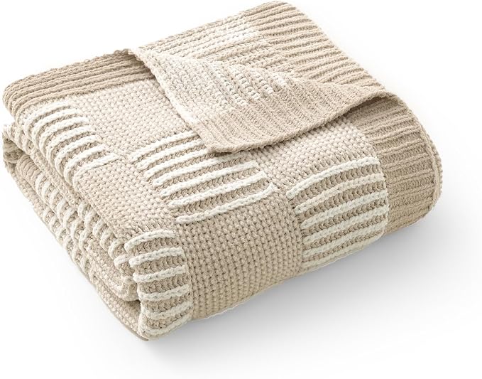 Knit Throw Blanket, Soft Chenille Cozy Breathable Dual Tone Checkered Chunky Decorative Blanket for Couch, Bed & Sofa, French-Inspired Lightweight Warm Gift for Women, Beige, 50"x60"