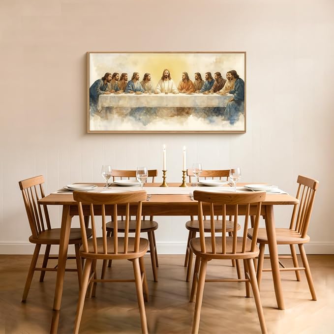 FWIEXA Jesus Last Supper Canvas Wall Art, Framed Easter Christian Decor Painting, Religious Boho Prints, Bible Watercolor Artwork, 20x40In Verse Scripture Pictures for Living Room,Bedroom,Prayer Room
