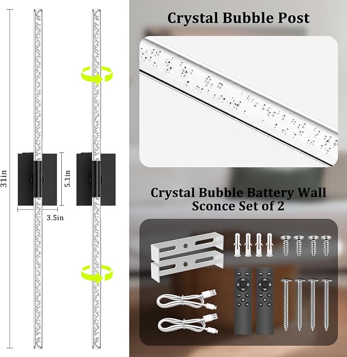 Battery Operated Wall Sconces Set of 2, 10000mAh, Black Bubble | wireless crystal wall lights rechargeable with Remote & 360° Rotate, 31.5" Wall Lamp for Bedroom Living Room Mirror