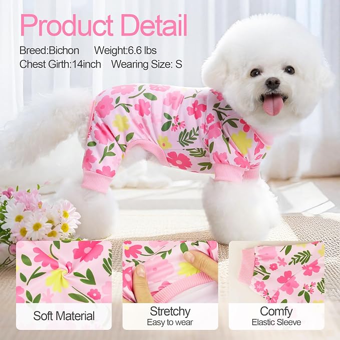 XPUDAC 4 Pack Dog Pajamas Summer Dog Pjs for Small Dogs Pet Outfits, L | Stretchy, Soft, Breathable, Sleepwear, Girl Dog Clothes, Gentle on Skin, Dog Recovery Suit, Shedding Suit, All Seasons