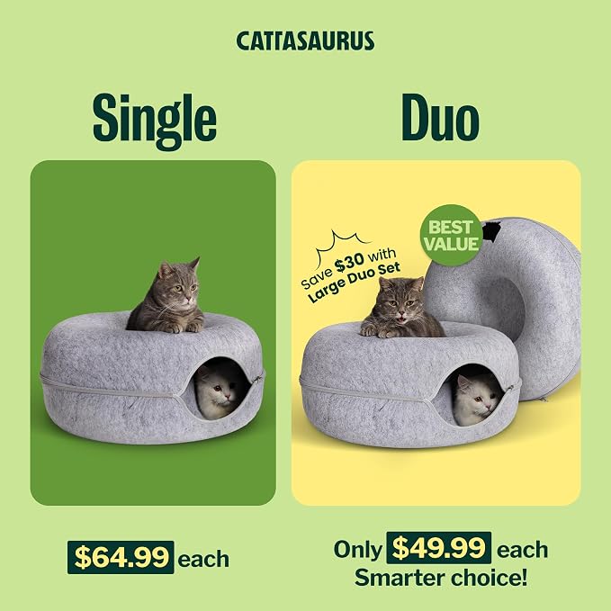 Peekaboo Cat Cave Donut for Multiple & Large Cats up to 30-45 lbs, 3-in-1 Self Warming Cat Bed, Tunnel & Scratcher for Indoor Cats, Washable & Detachable (Light Gray + Light Gray, Large)