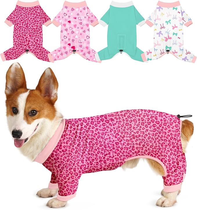 Bienbee Dog Pajamas, 4 Pack Adjustable Onesies for Small to Large Dogs XL | Dog Shedding Suit with Soft Fabric, Breathable & Stretchy, and Adjustable Back Length for Sleeping Lounging and Daily Use