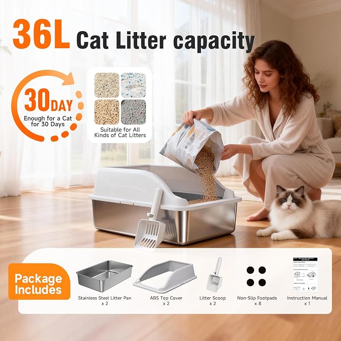 2PACK Stainless Steel Litter Box, XL Odor Free, Light Grey