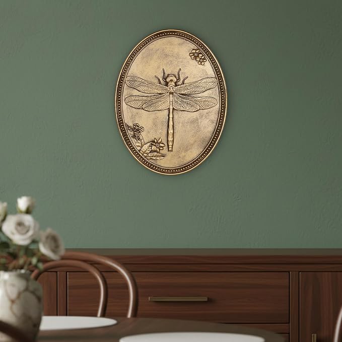 Vintage Dragonfly Wall Sculpture, Antique Wall Decor, Gold Wall Art, Hanging Decoration with Embossed Dragonfly Design, Vintage Decoration for Living Room Bedroom and Hallway, Housewarming Gift