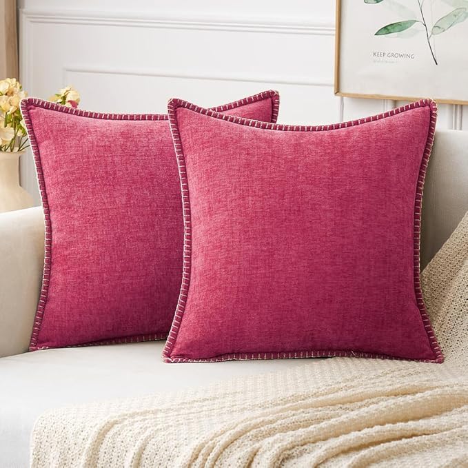 MIULEE Decorative Couch Throw Pillow Covers 20x20 Inch Hot Pink 2 Pack | Farmhouse Pillow Covers with Stitched Edge, Soft Chenille Cushion Cases, for Sofa Bed Living Room Home Decor