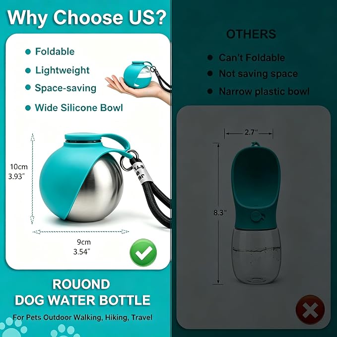 Dog Water Bottle Portable, 2in1 Round Dog Water Bowl Stainless Steel 10oz