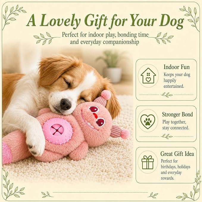 Cute Monster Plush Dog Chew Toy – Squeaky Ball, Crinkle Paper & Treat Dispenser, Washable Interactive Stuffed Toy for All Breeds, Relieves Boredom & Anxiety（Pink）
