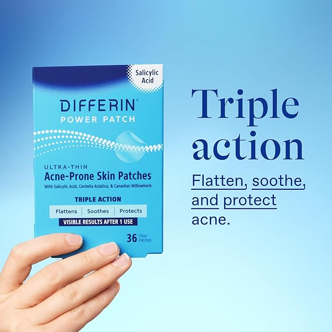 Differin Acne Patches,Pimple Patches for Acne Prone Skin,Formulated with Salicylic Acid and Centella,Fast Triple Action Power Patch for Day & Night,Dermatologist Tested,36 Count (Pack of 12)