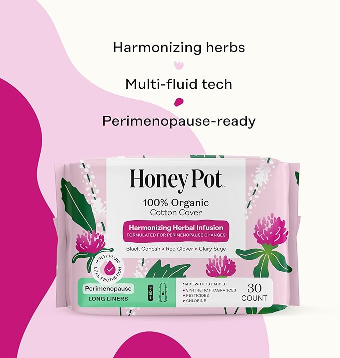 Honey Pot - Perimenopause Long Panty Liners for Women - 100% Organic Cotton Top Sheet - Feminine Care - Multi-Fluid Absorbency - Harmonizing Herbs of Black Cohosh, Clary Sage, & Red Clover - 30ct
