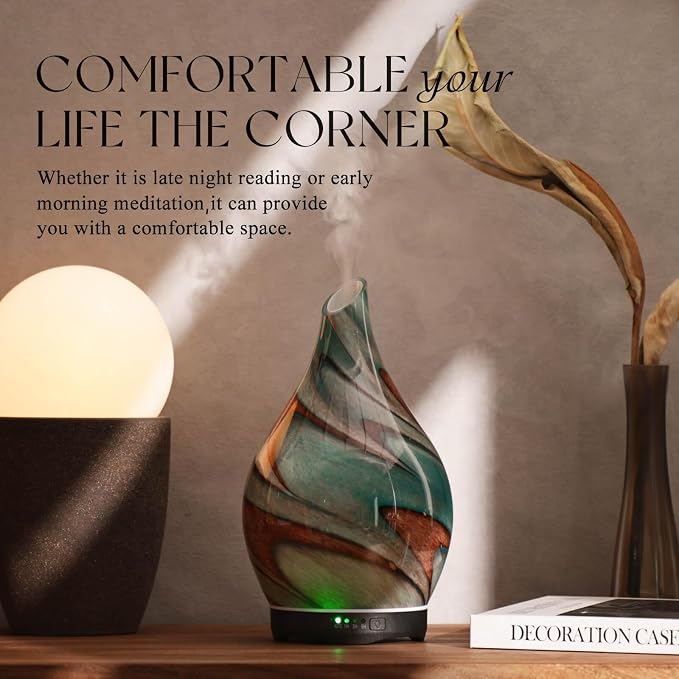 Porseme 280ml Essential Oil Diffuser Glass Color Changing Aroma Air Diffusers Aromatherapy Ultrasonic Cool Mist Humidifier with Remote Control 7 Running Hours Waterless Auto-Off (Teal Green)