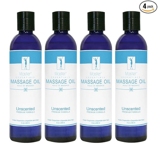 Master Massage Unscented Organic Massage Oil - 8 fl oz, Water-Soluble Blend, Skin-Nourishing Formula, Perfect for Massage Therapy and Home Use, Pack of 4