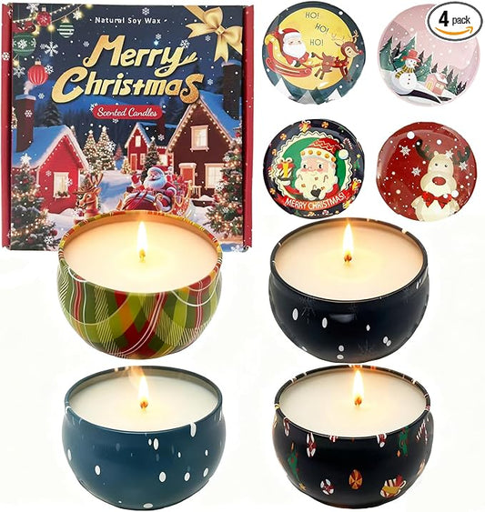 Christmas Scented Candle Set - 4 Pack (2.5oz Each) - Holiday Scents: Cranberry, Apple Cinnamon, Mistletoe & Christmas Wreath - Natural Soy Wax, Festive Aromatherapy Gifts
