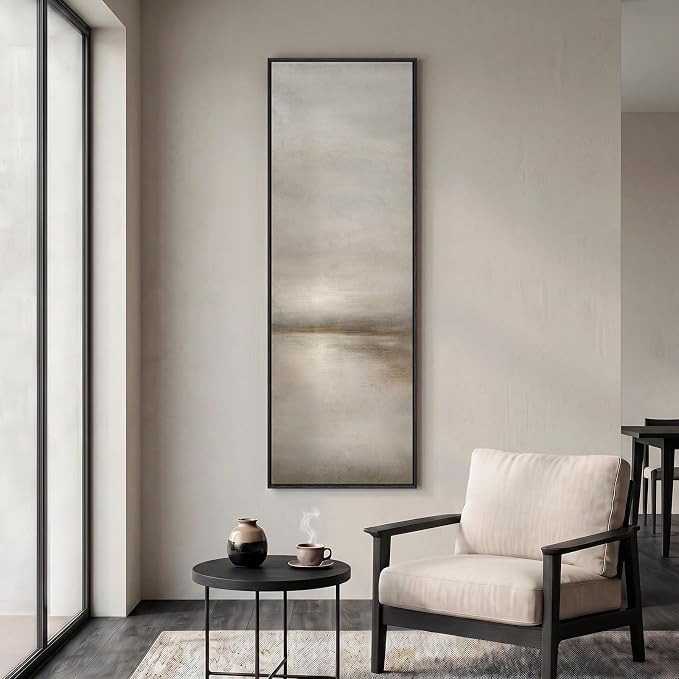 Large Framed Neutral Landscape Abstract Wall Art, Long Vertical 20x60 In | Gray brown pictures, Canvas prints, Wood frame, Modern minimalist lake paintings, Wall decor for hallway living room dining