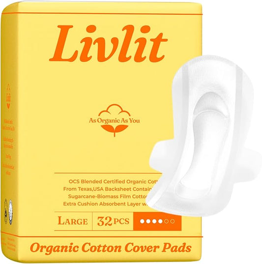 Livlit Large Size Ultra Thin Sanitary Pads, 100% Organic Cotton from Texas, Powerful Leak Protection, Unscented, Chlorine Free and Absorbency of Feminine Periods, Pads for Women (32 Count)