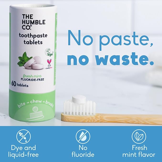 The Humble Co Fluoride-Free Chewable Toothpaste Tablets, Mint - Bite, Chew, Brush - Zero Water & Plastic Free Toothpaste Tabs - Travel-Friendly & Waste-Free Dental Oral Care Hygiene - 180 Count