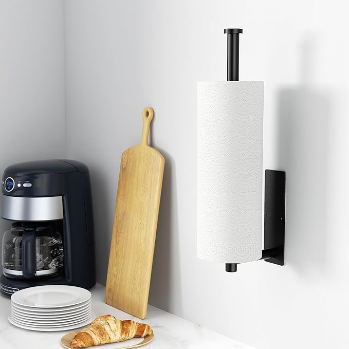 Paper Towel Holder,Self-Adhesive or Drilling， Matte Black, 1 Pack | SUS304 Stainless Steel,Kitchen Roll Dispenser Under Cabinet，Wall Mounted Rack