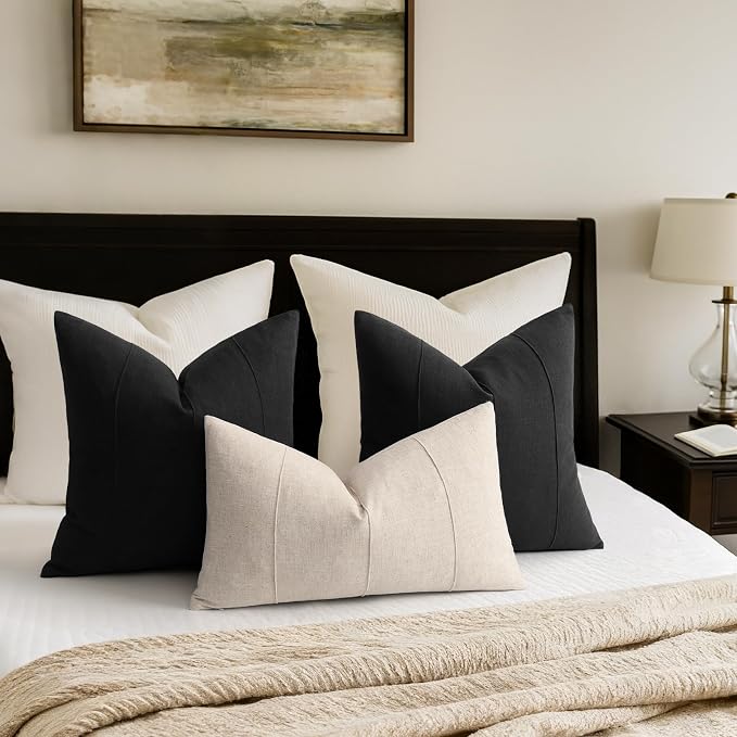 Decorative Linen Throw Pillow Covers 26x26 Set of 2 Solid Handcrafted Striped Cushion Covers for Bed Soft Modern Farmhouse Neutral Pillowcase for Couch Bedroom Living Room Home Decor(Black)