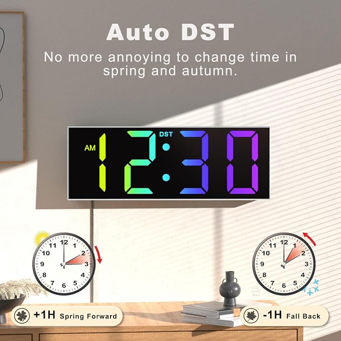 JALL Digital Wall Clock Large Display with Big LED Numbers, Remote Control, 8 RGB Colors, Auto DST, Night Light for Classroom Living Room Bedroom Birthday Gift for Senior(A White Shell, 12 inches)