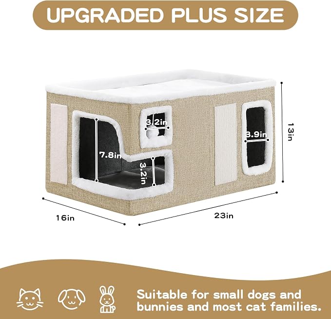 Large Cat Houses for Indoor Cats, Extra Wide Covered Cat Cave Bed with Scratch Pad and Fluffy Ball, Foldable Cat Hideaway Condo for Large Cats, Modern Kitten Bed,23x16x13 inches (Khaki‌, XL)