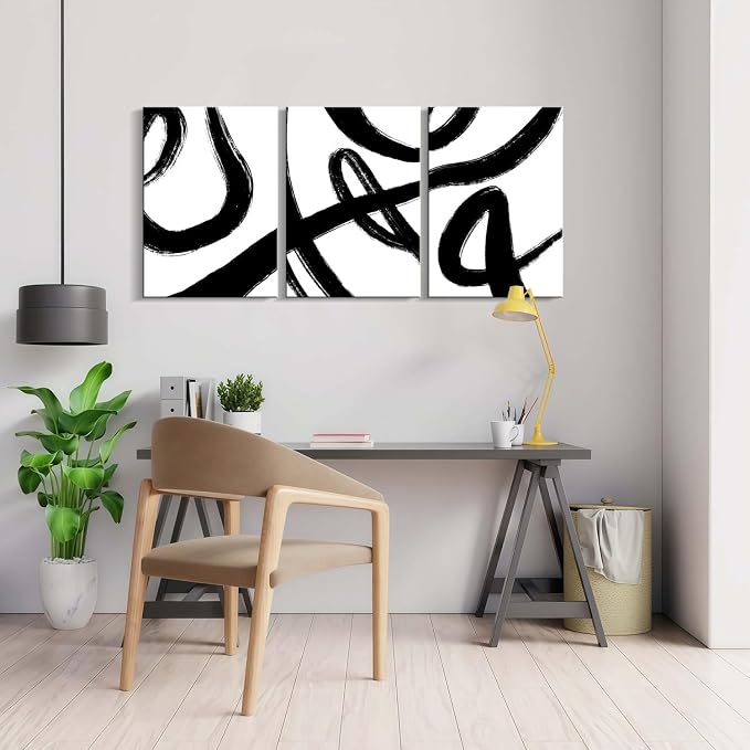 3Pcs Framed Abstract Black and White Canvas Wall Art Minimalist Brushstroke Line Prints Modern Home Gallery Style Picture Painting Posters Bedroom Living Room Office 16x24 Inch Ready to Hang