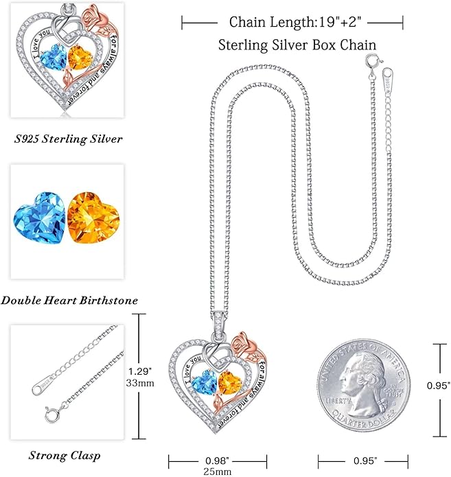 Iefil Valentines Day Gifts for Her Wife - 925 Sterling Silver Double Birthstone Necklace, Anniversary Birthday Gifts for Women, Jewelry Gift for Wife Girlfriend Mom Her