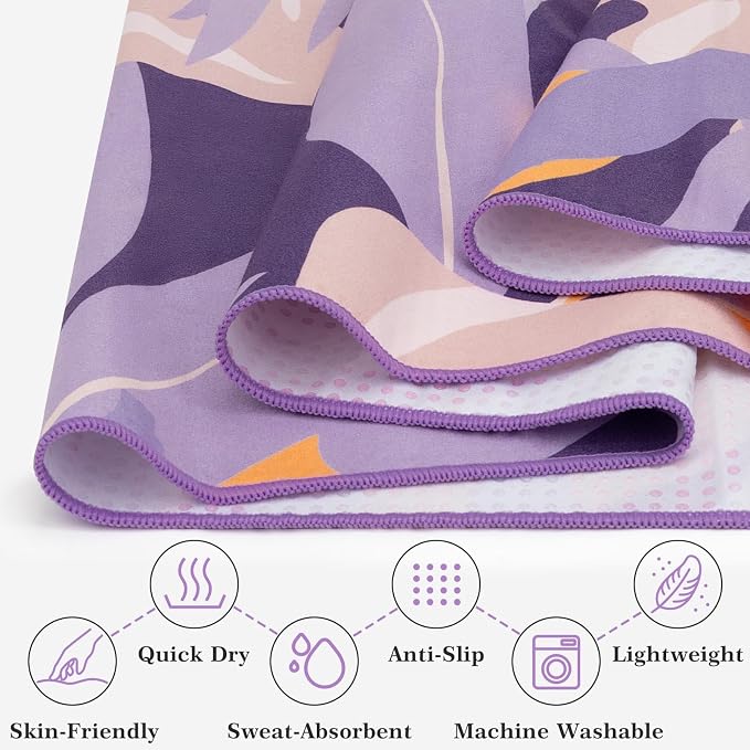 Yoga Towel Hot Yoga Mat Towel with Corner Pockets, 74 x 26 inch, Non-Slip Sweat-Absorbent Soft Microfiber Yoga Blanket for Pilates, Fitness and Workout, Purple
