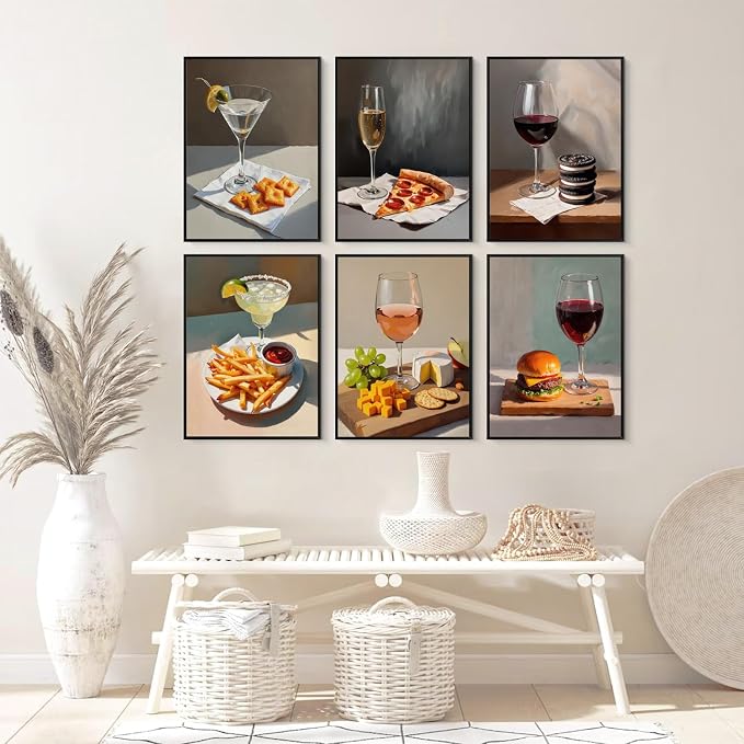 Set of 6 Quirky Cocktail Poster Martini and Cheese Crackers Cocktail Posters Retro Bar Cart Accessories Wall Art Red Wine Canvas Room Decor Pictures for Apartment Dorm Kitchen Unframed 8x10 inch