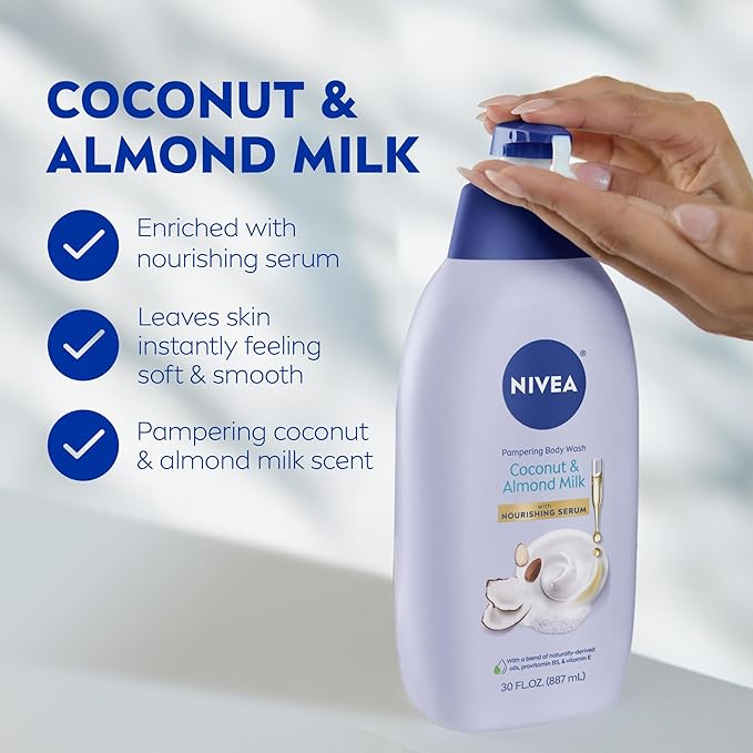 NIVEA Pampering Coconut and Almond Milk Body Wash with Nourishing Serum,Moisturizing Body Wash for Women,Enriched with Provitamin B5 and Vitamin E,30 Fl Oz Bottle,(Pack of 2)