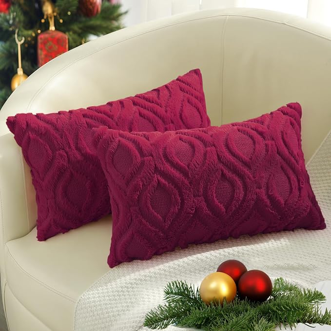decorUhome Faux Fur Plush Soft Burgundy Throw Pillow Covers 12x20 Set of 2 | Plush Solid Fall Couch Pillow Covers, Accent Modern Farmhouse Neutral Decorative Square Pillow Cases for Sofa Bed Living Room